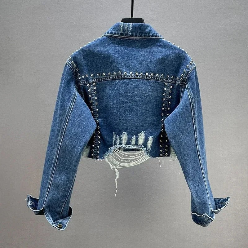 Fall Studded Cropped Denim Jacket