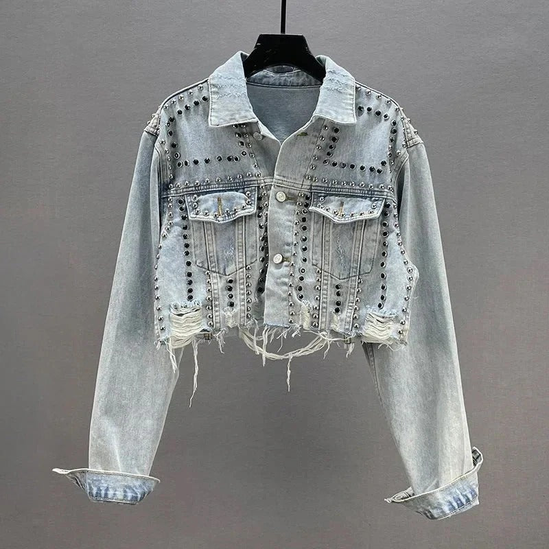 Fall Studded Cropped Denim Jacket
