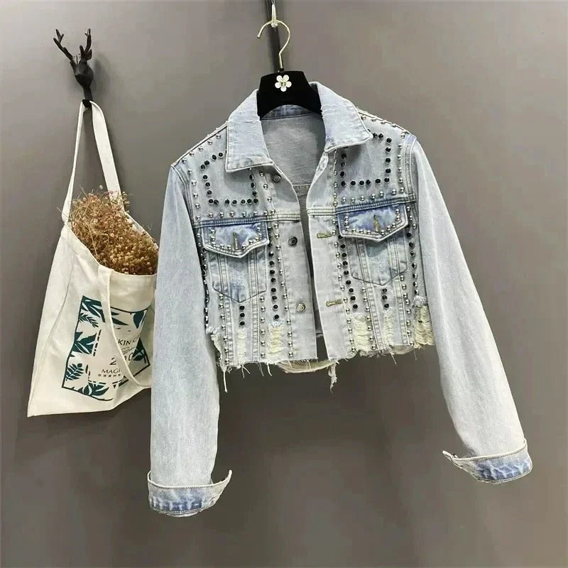 Fall Studded Cropped Denim Jacket
