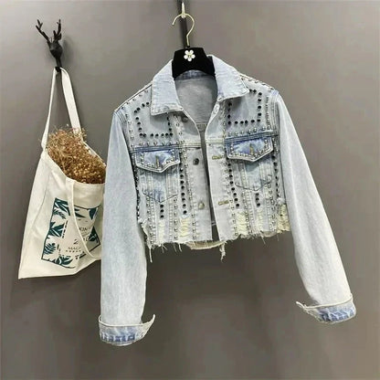 Fall Studded Cropped Denim Jacket