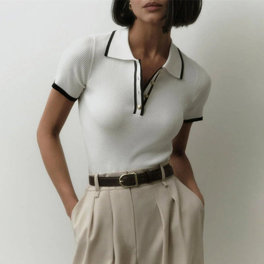Ribbed Knit Polo Top