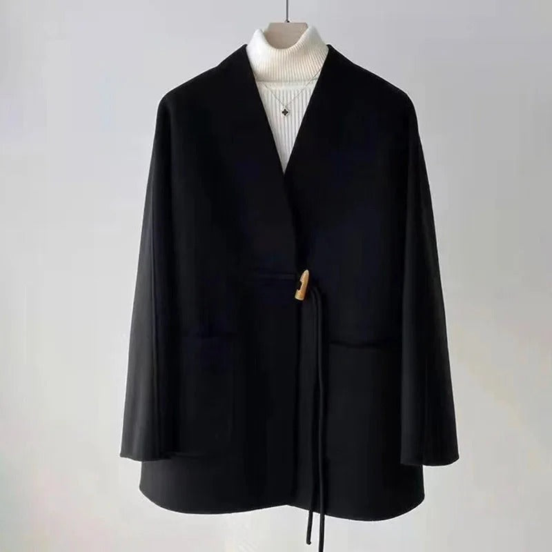 Fall Drawstring Wrap Wool Coat