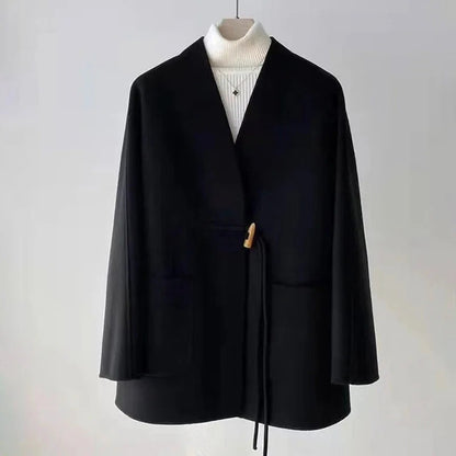 Fall Drawstring Wrap Wool Coat