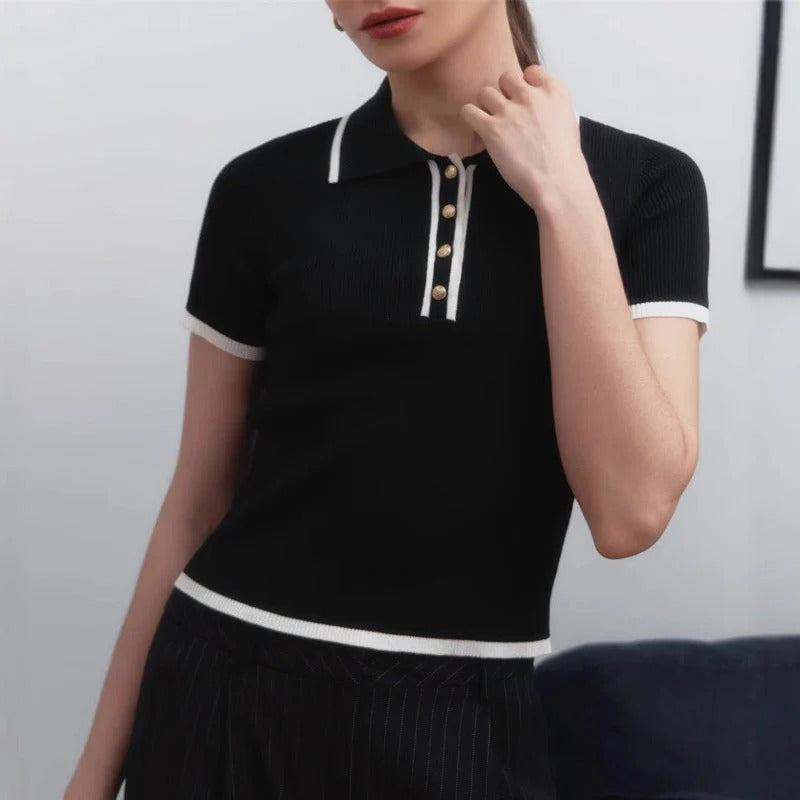 Ribbed Knit Polo Top