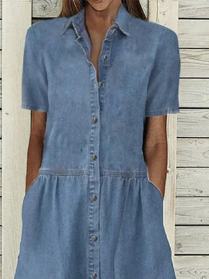 Denim Look Button-Front Dress - A-Line Empire Waist, Side Pockets