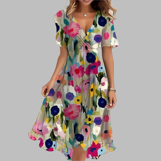 Floral Pleated Midi Dress - Puff Sleeves, Gathered Waist, Satin Fabric