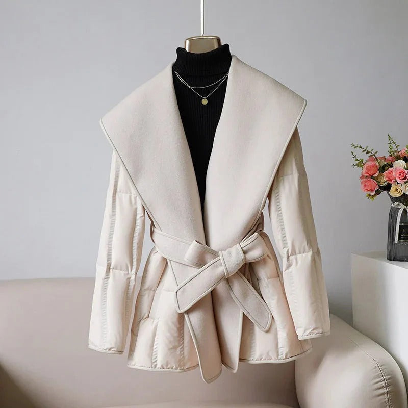 Fall Shawl-Collar Belted Down Coat
