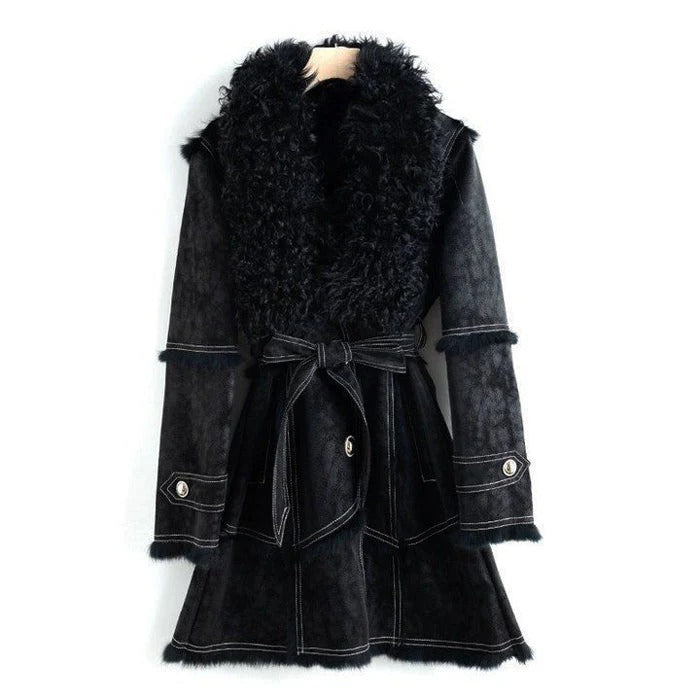 Fall Shearling Trim Belted Coat