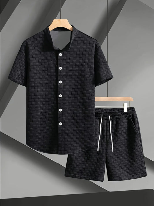 Men’s Casual Two-Piece Set - Short Sleeve Lapel Collar Shirt, Elastic Waist Shorts