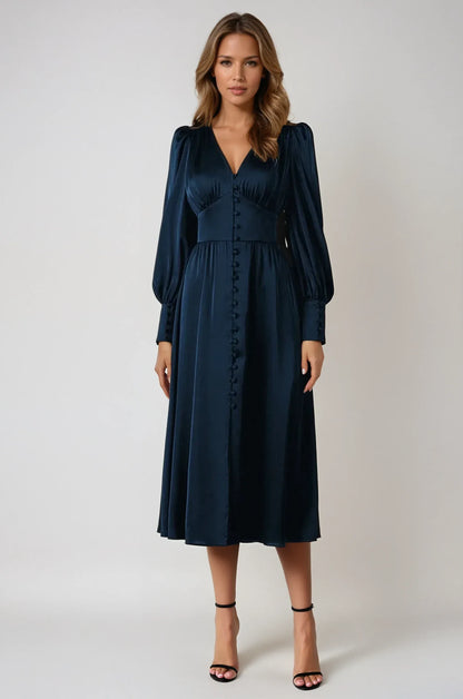 Buttoned Midi Dress with Puff Sleeves