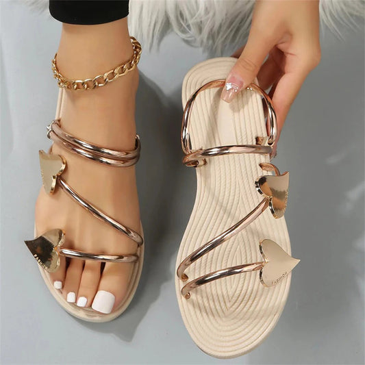 Metallic Heart Strap Sandals