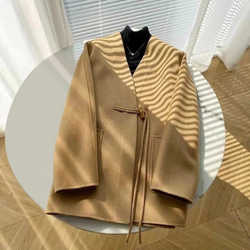 Fall Drawstring Wrap Wool Coat