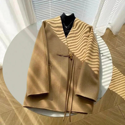 Fall Drawstring Wrap Wool Coat