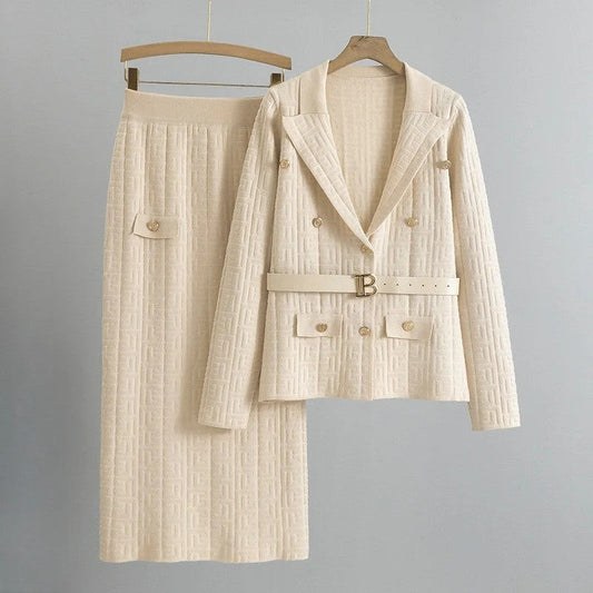 Textured Knit Blazer and Skirt Set