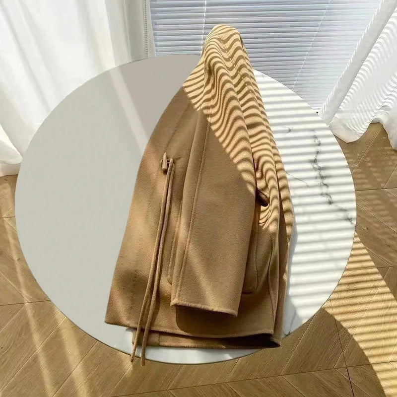 Fall Drawstring Wrap Wool Coat