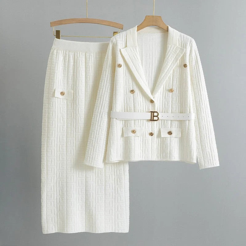 Textured Knit Blazer and Skirt Set