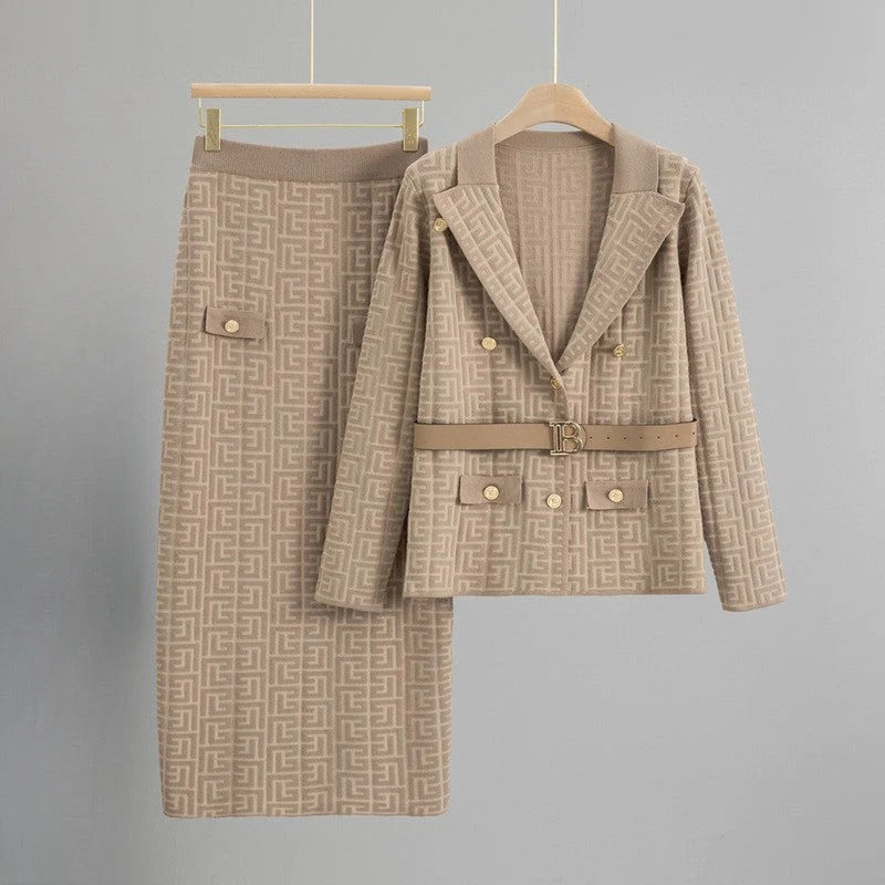 Textured Knit Blazer and Skirt Set
