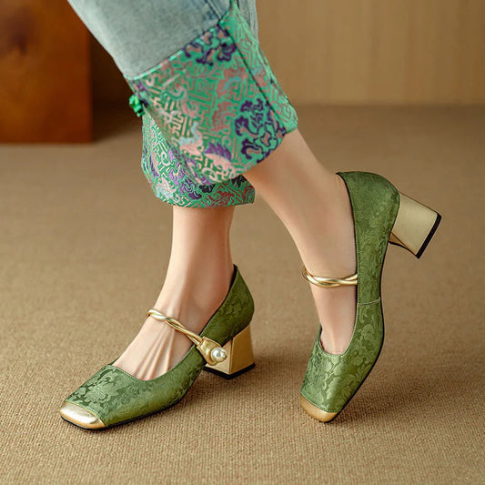 Emerald Gold Block Heel Pumps