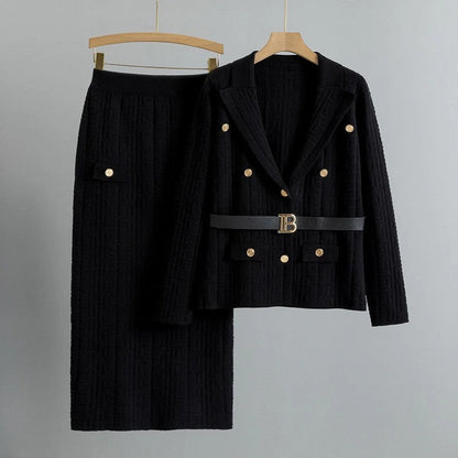 Textured Knit Blazer and Skirt Set