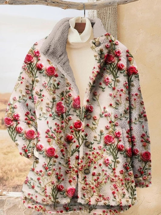 Fall Floral Print Fleece Jacket