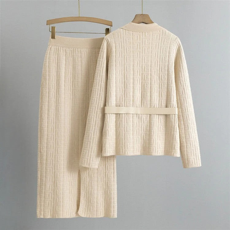 Textured Knit Blazer and Skirt Set