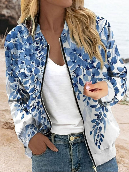 Fall Floral Print Zip Jacket