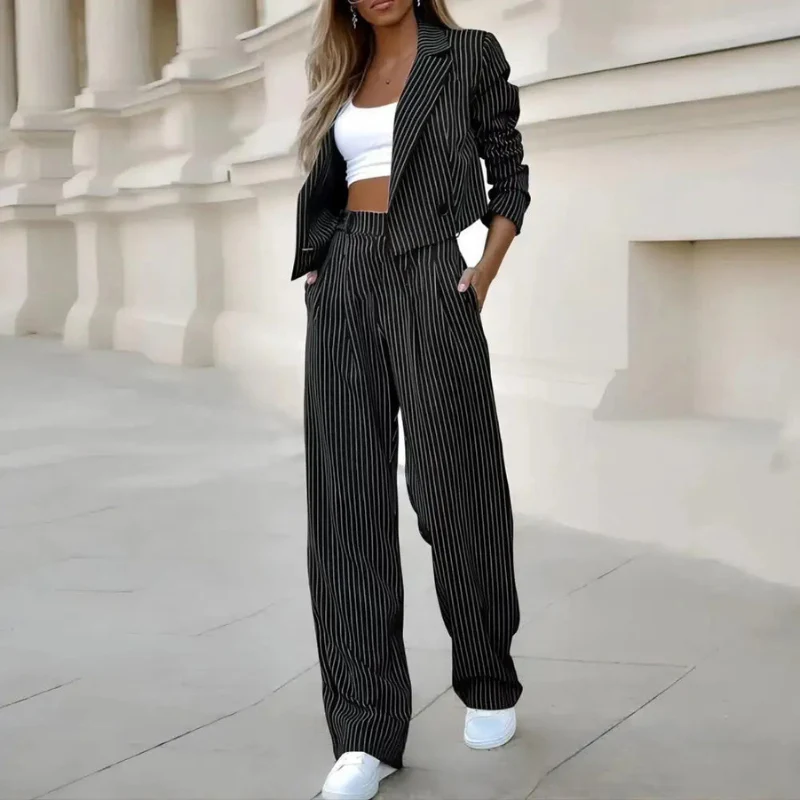 Pinstripe Cropped Blazer & Wide-Leg Pants Set