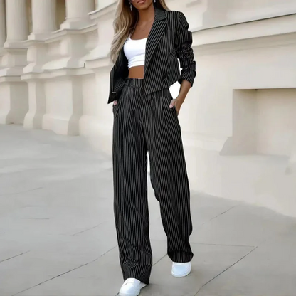 Pinstripe Cropped Blazer & Wide-Leg Pants Set