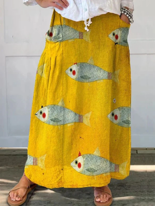 Yellow Vintage Fish Print Skirt - A-Line Linen, Elastic Waist, Side Pockets