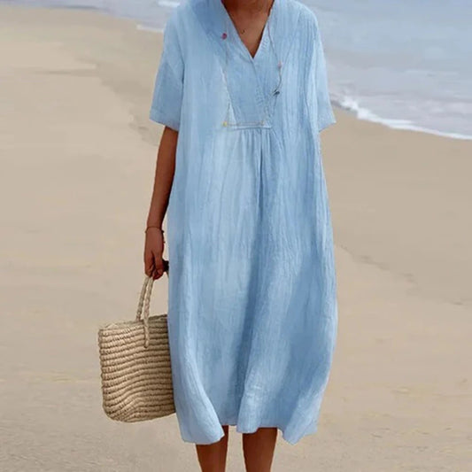 Button-Neck Midi Dress
