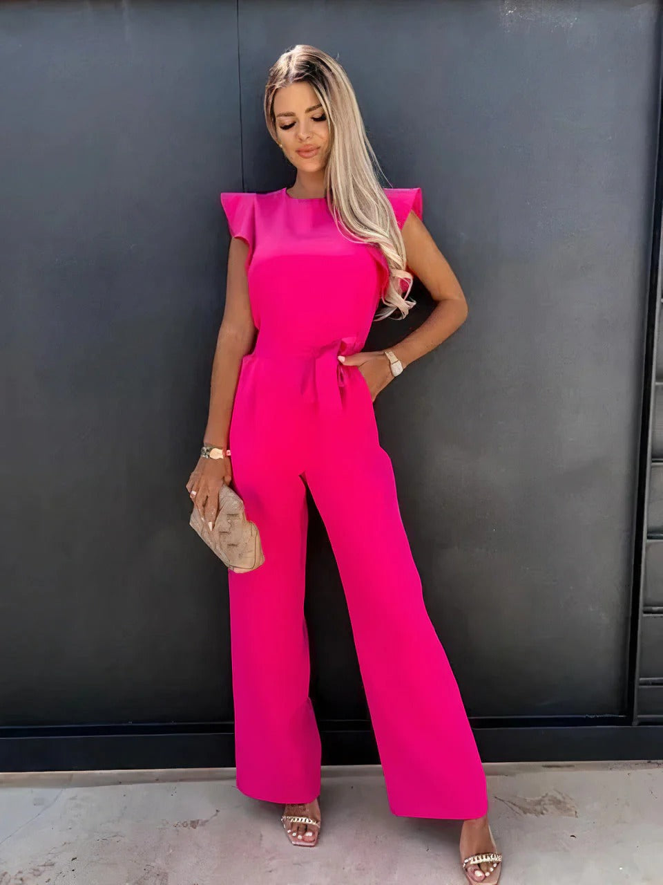 Wide-Leg Jumpsuit with Ruffled Sleeves
