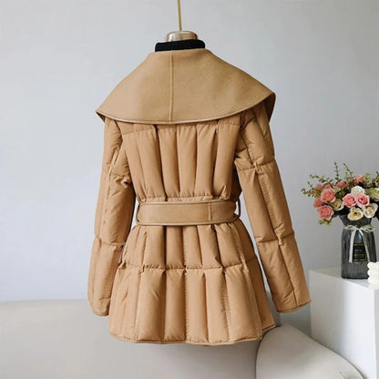 Fall Shawl-Collar Belted Down Coat