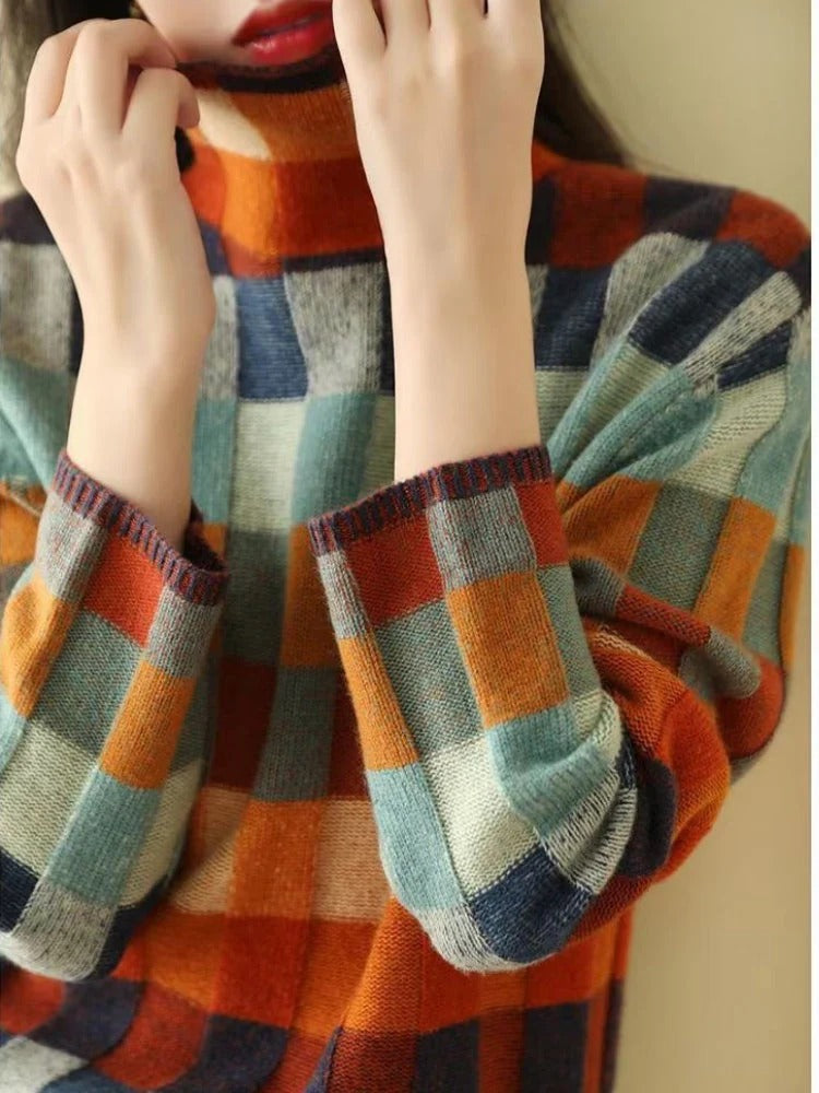 Fall Checkered Turtleneck Sweater