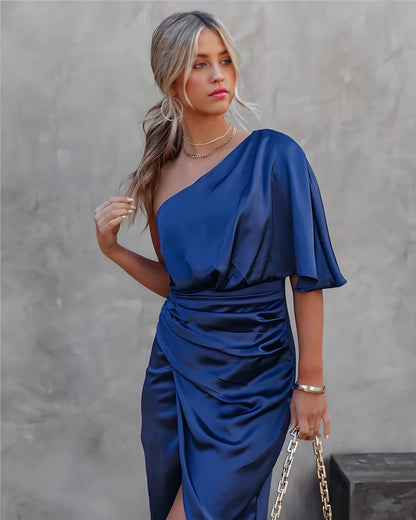 Asymmetric Satin Drape Dress