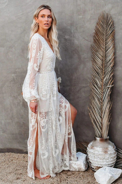 Lace Maxi Dress - Boho Style, Deep V Neck, High Slit