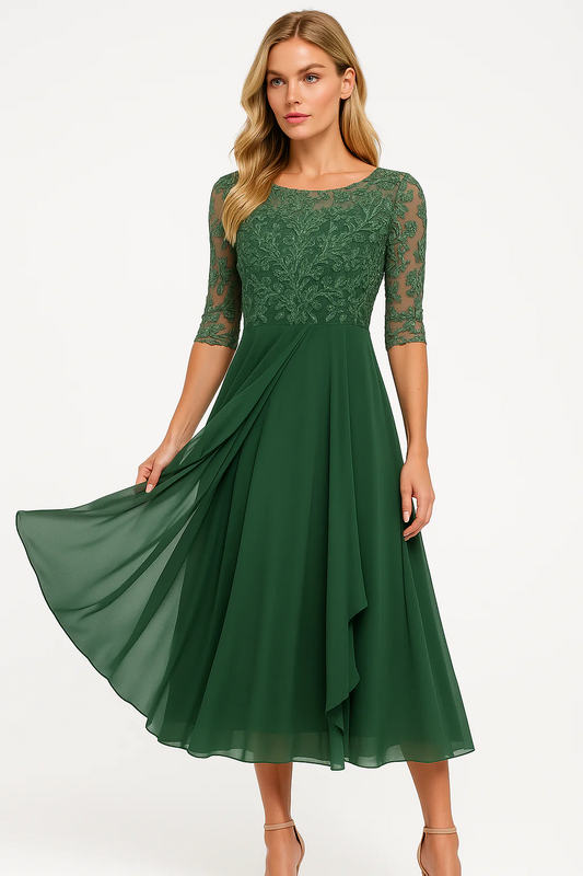 Women’s Summer Evening Dress - High Waist, Half Sleeve, Round Neck