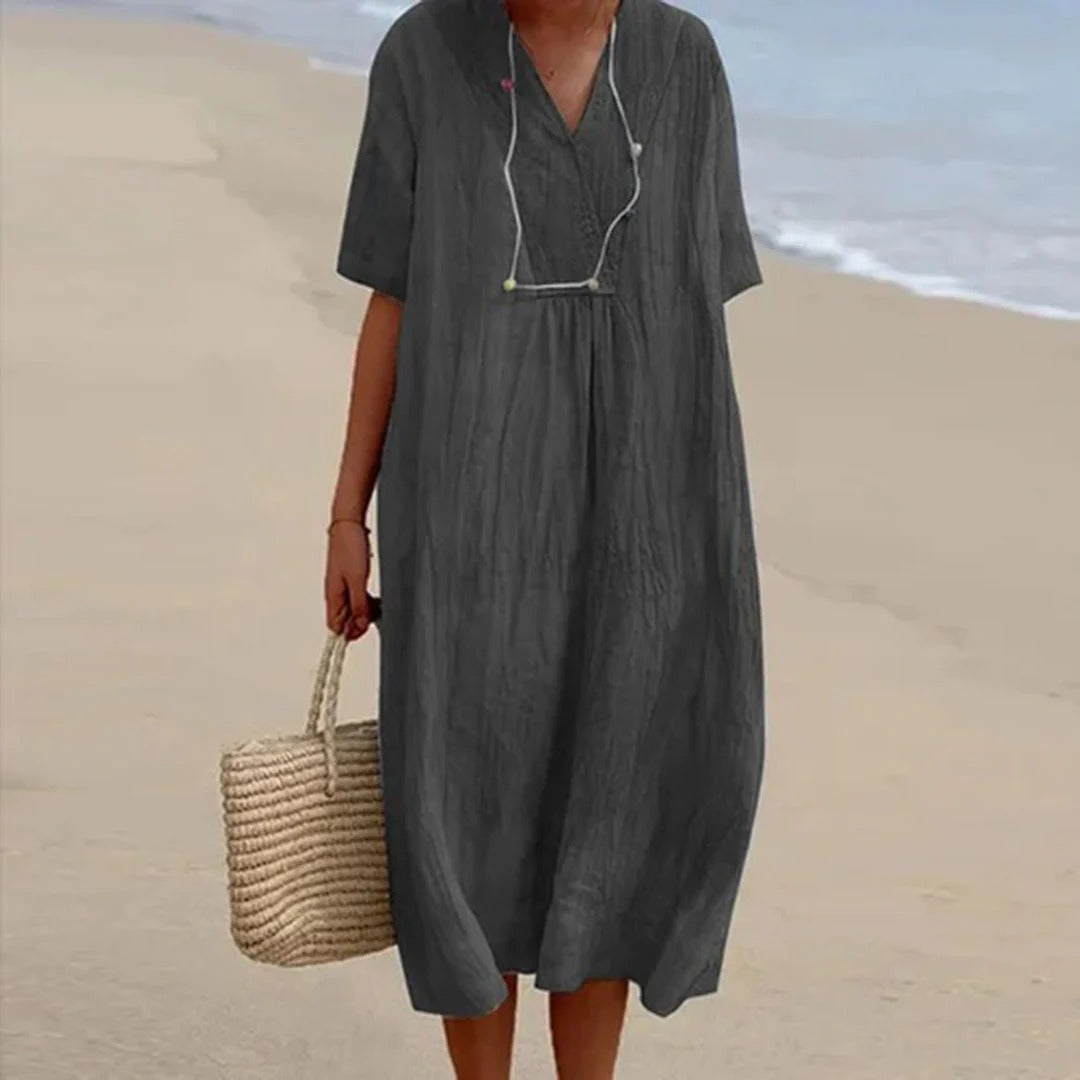 Button-Neck Midi Dress