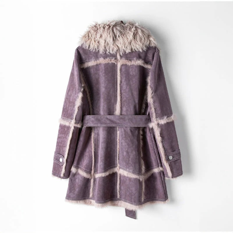 Fall Shearling Trim Belted Coat