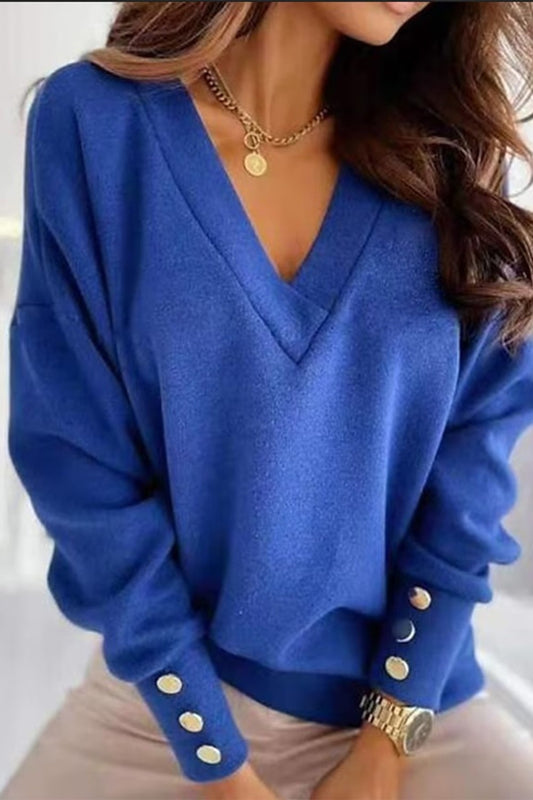 Fall Deep V-Neck Buttoned Sweater
