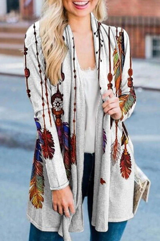 Feather Print Open Cardigan