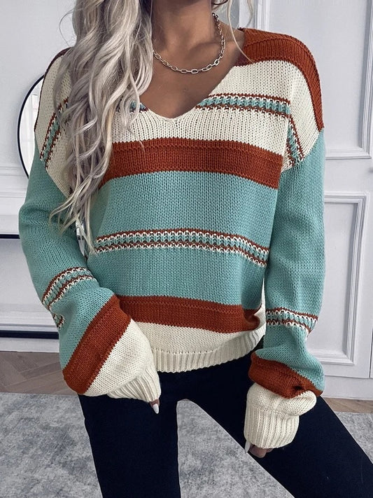 Fall Multi-Stripe V-Neck Sweater