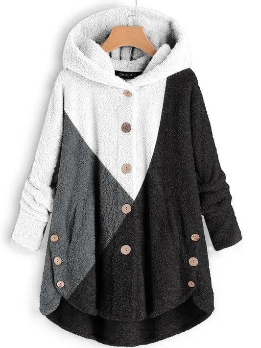 Block Pattern Hooded Fleece Coat