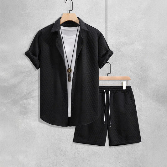 Men’s Casual Two-Piece Summer Set - Lapel Shirt, Drawstring Shorts, Short Sleeves