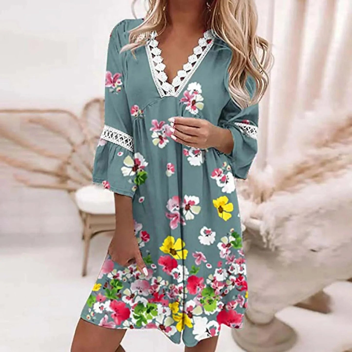 V-Neck Floral Lace Trim Dress