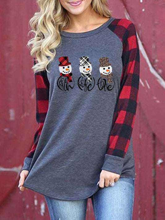 Plaid Sleeve Snowman Graphic Sweatshirt