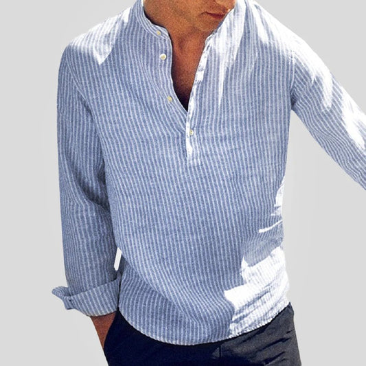 Men’s Casual Linen Shirt - Henley Button Front, Long Sleeve