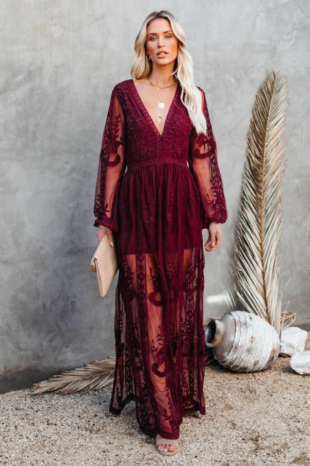 Lace Maxi Dress - Boho Style, Deep V Neck, High Slit