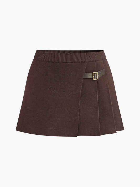 Dark Brown Pleated Knit Mini Skirt - Buckle Detail, Elastic Waistband