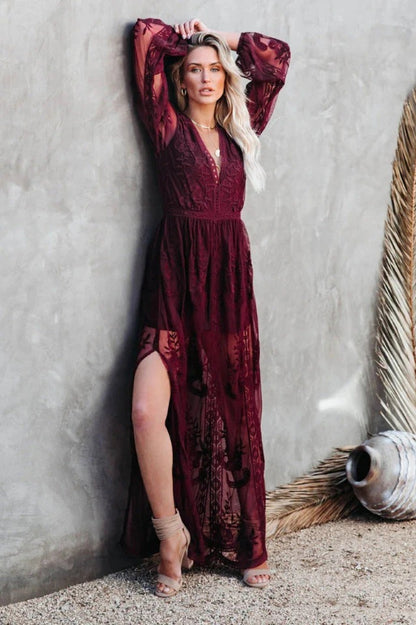 Lace Maxi Dress - Boho Style, Deep V Neck, High Slit