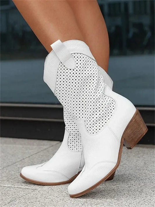Western-Style Perforated Mid-Calf Boots with Pull Tabs